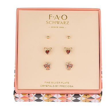 FAO Schwarz Gold Tone Crystal Reindeer & Heart Trio Stud Earrings Set