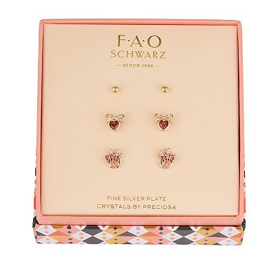 FAO Schwarz Gold Tone Crystal Reindeer & Heart Trio Stud Earrings Set
