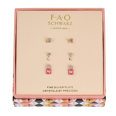 FAO Schwarz Gold Tone Crystal Key & Locket Trio Stud Earrings Set