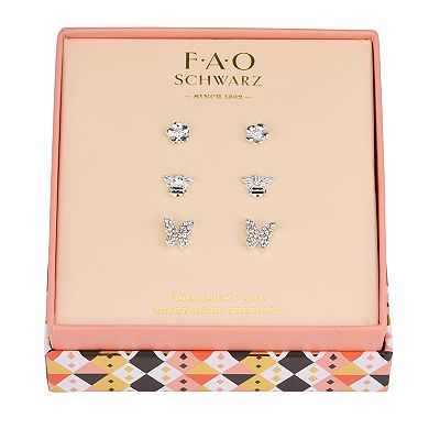 FAO Schwarz Silver Tone Crystal Butterfly & Bee Trio Stud Earrings Set