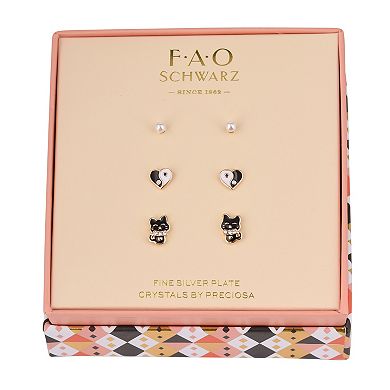 FAO Schwarz Gold Tone Crystal & Simulated Pearl Kitty Trio Stud Earrings Set