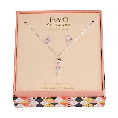 FAO Schwarz Silver Tone Crystal Ballerina Pendant Necklace & Stud Earrings Set