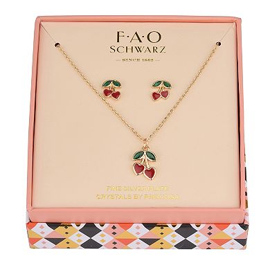 FAO Schwarz Gold Tone Crystal Cherry Pendant Necklace & Stud Earrings Set