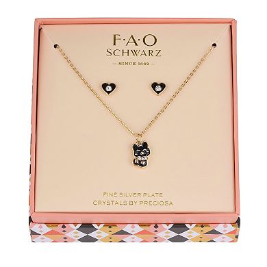 FAO Schwarz Gold Tone Kitty Necklace & Earrings Set