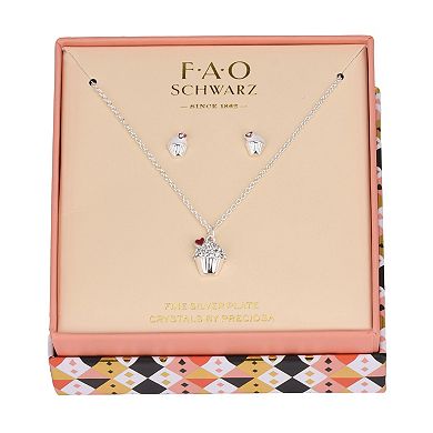 FAO Schwarz Silver Tone Crystal Cupcake Pendant Necklace & Stud Earrings Set