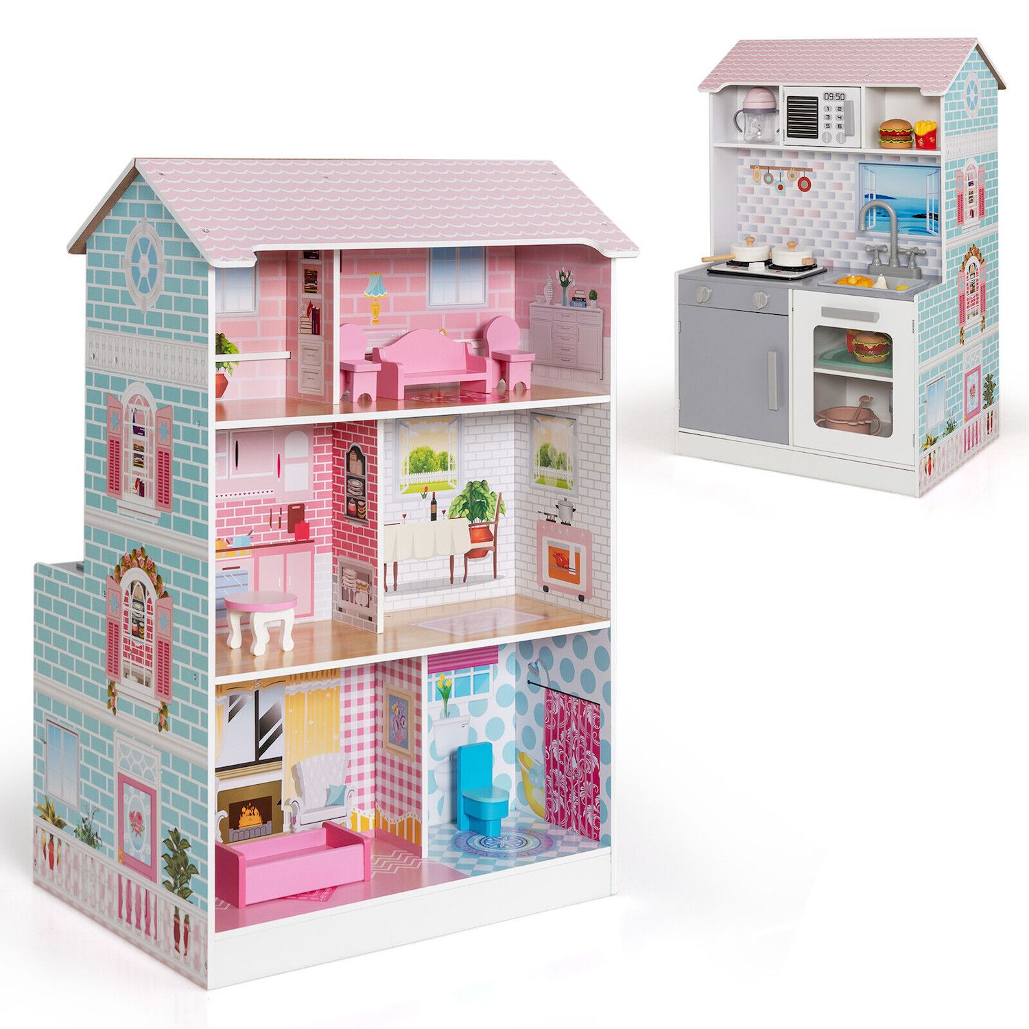 Costway Wooden Dollhouse For Kids 3-Tier Toddler Doll House with Furniture  Gift For Age 3 Plus TP10039 - The Home Depot