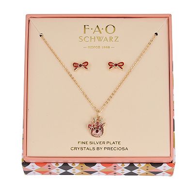 FAO Schwarz Gold Tone Reindeer with Bow Necklace & Earrings Set