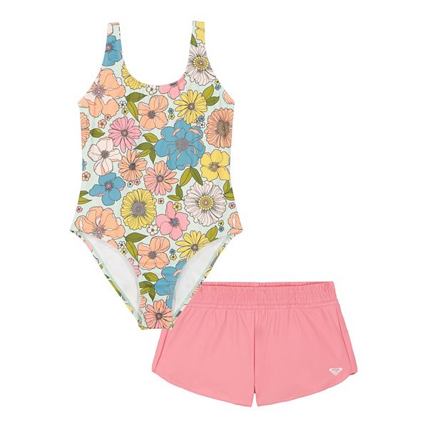 Girls 716 Roxy Topical Trail 1Piece Swimsuit & Shorts Set