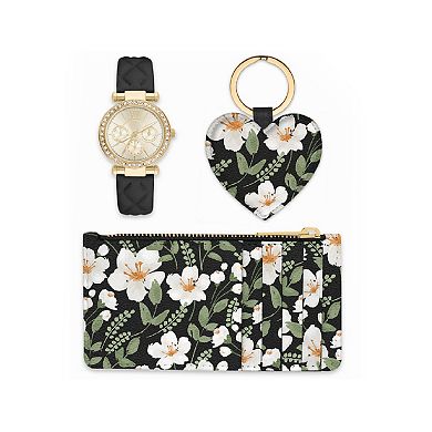 Jessica Carlyle Women's Black Faux Leather Strap Watch with Wallet & Keychain Gift Set