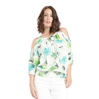 Women's Chiffon Blouse Floral Print Cold Shoulder 3/4 Sleeves