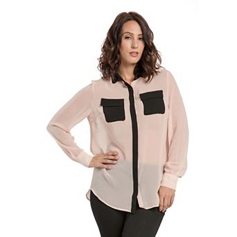 Miss Halladay Women Chiffon Button Down Color Block Longsleeve Shirt Flap Pocket