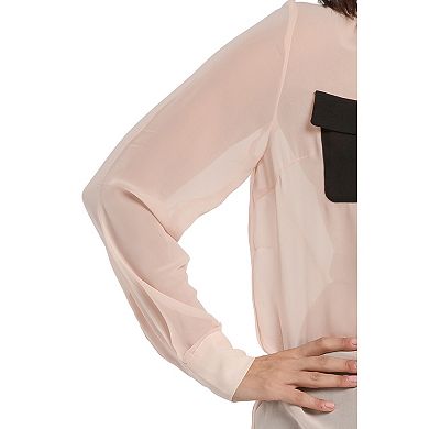 Miss Halladay Women Chiffon Button Down Color Block Longsleeve Shirt Flap Pocket