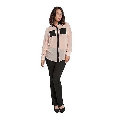 Miss Halladay Women Chiffon Button Down Color Block Longsleeve Shirt Flap Pocket