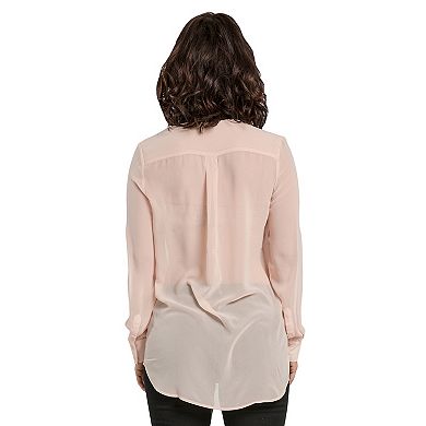 Miss Halladay Women Chiffon Button Down Color Block Longsleeve Shirt Flap Pocket