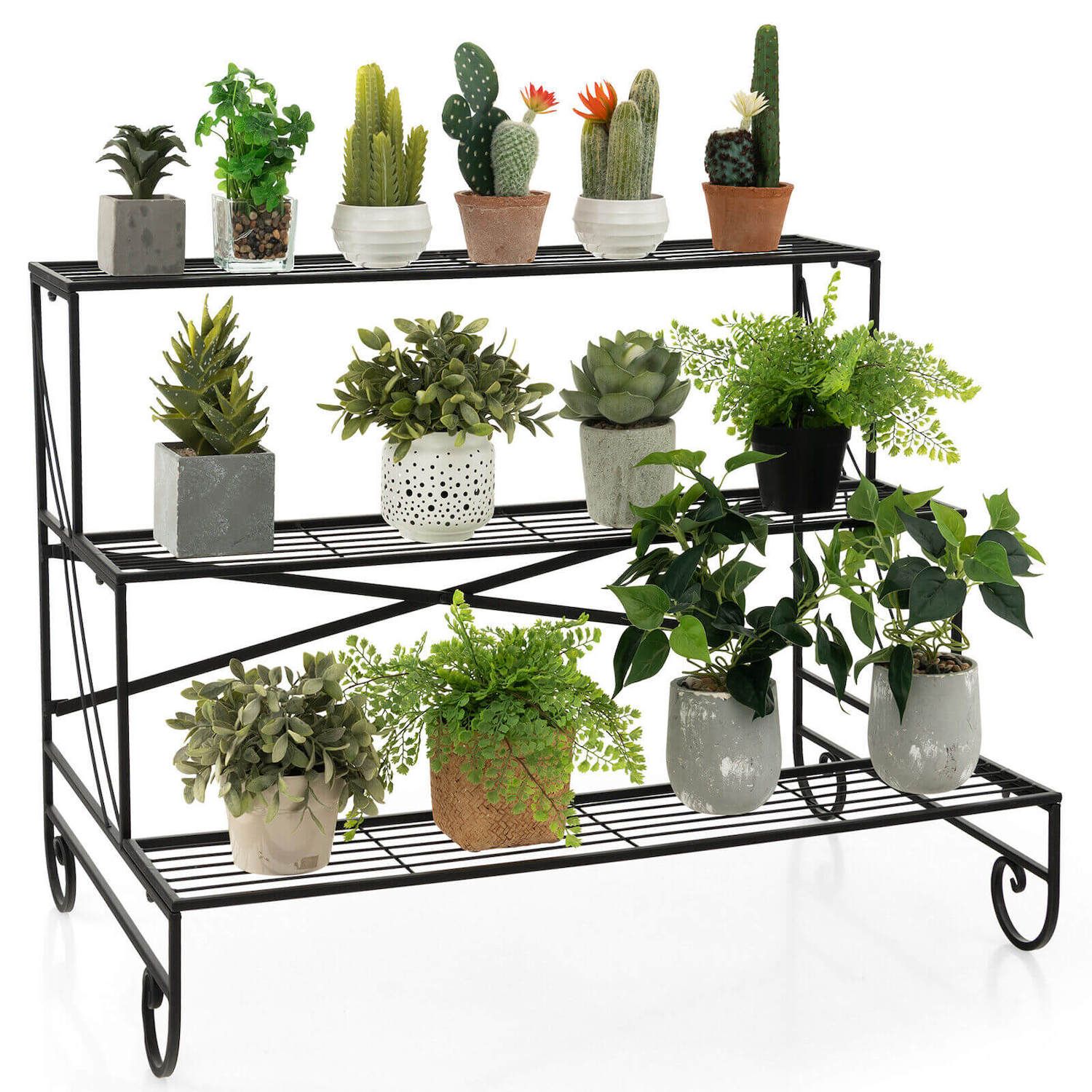 Sunnydaze 3-Tier Metal Iron Plant Stand with Scroll Edging