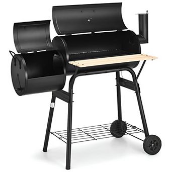 Outdoor Charcoal BBQ Grill with Side Firebox Built In Thermometer and Front Prep Shelf