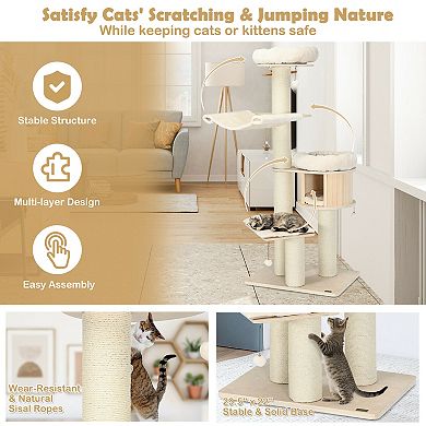 4-Layer 68.5-Inch Wooden Cat Tree Condo Activity Tower with Sisal Posts-Natural