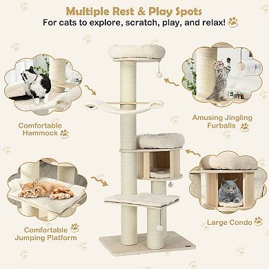 4-Layer 68.5-Inch Wooden Cat Tree Condo Activity Tower with Sisal Posts-Natural