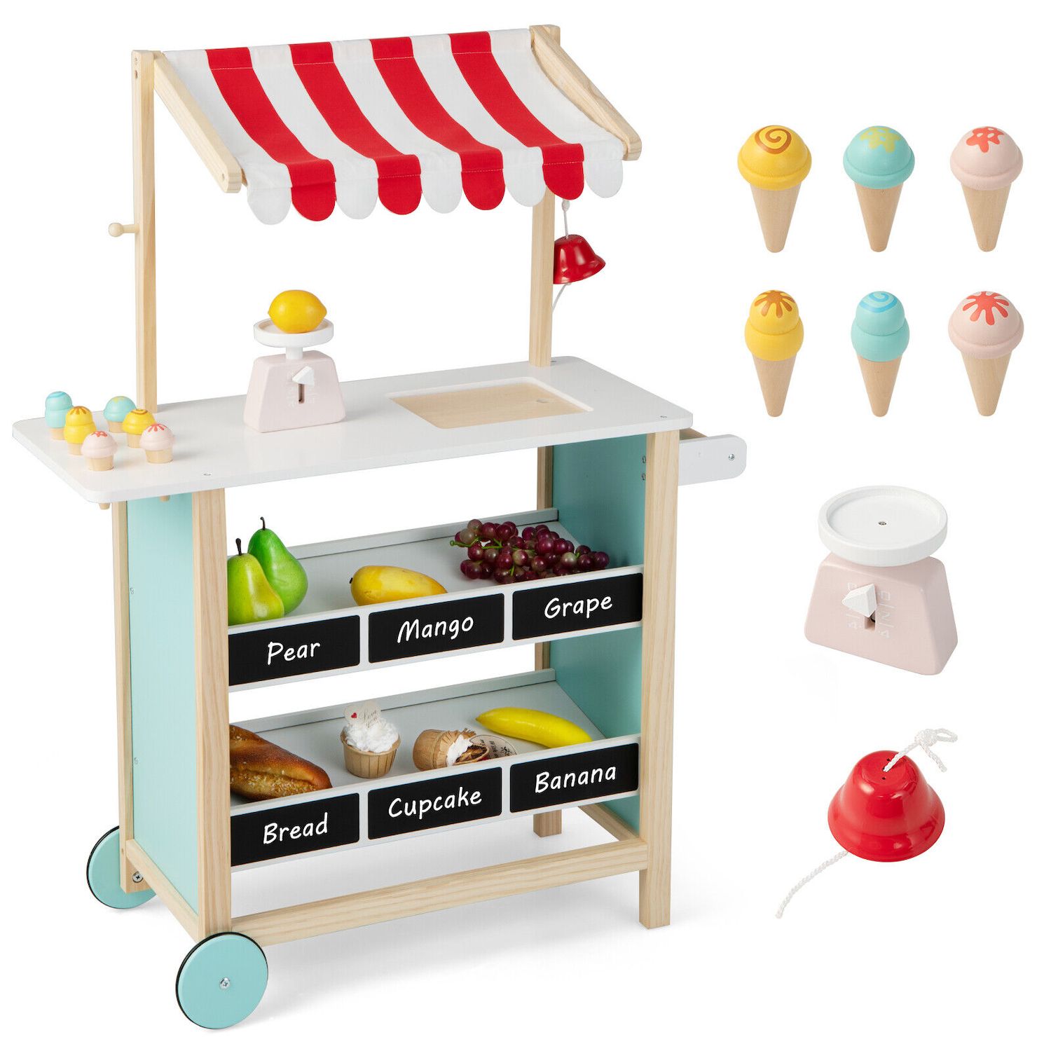 Wooden Bakery Playset Pretend Stand for Kids - 25 Piece Bake Shop Counter w  Food, Chalkboard, Cash Register, Trays - Durable Construction for Creative