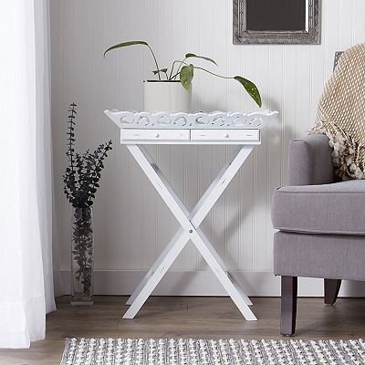 White Serving Tray, End Table with Stand, Scrolled Woodwork, fashion 2 Drawers