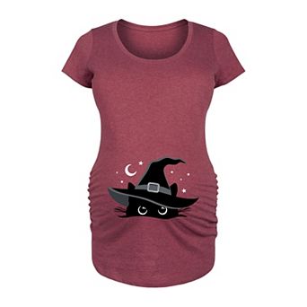 Maternity Peeking Cat Witch Hat Halloween Graphic Tee