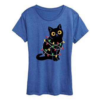 Women's Cat Wrapped In Christmas Lights Graphic Tee