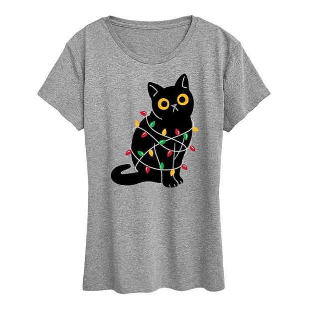 Women s Cat Wrapped In Christmas Lights Graphic Tee