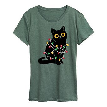 Women's Cat Wrapped In Christmas Lights Graphic Tee