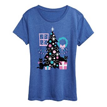 Women's Cats And Christmas Tree Graphic Tee