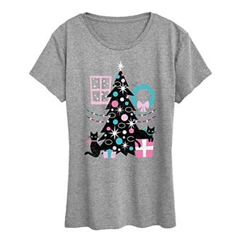 Women's Cats And Christmas Tree Graphic Tee