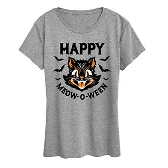 Women's Vintage Cat Happy Meow O Ween Graphic Tee