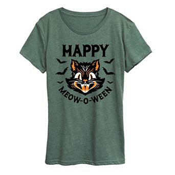 Women's Vintage Cat Happy Meow O Ween Graphic Tee
