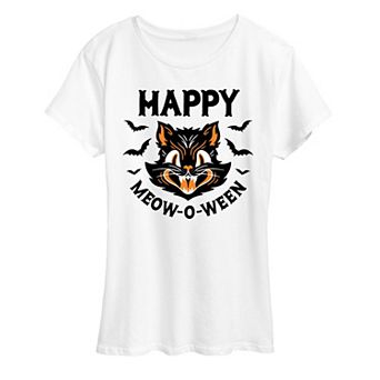 Women's Vintage Cat Happy Meow O Ween Graphic Tee