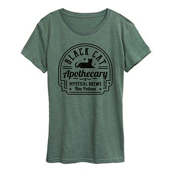 Women's Black Cat Apothecary Sign Halloween Tee
