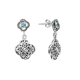 Sterling Silver Blue Topaz Filigree Clover Drop Earrings