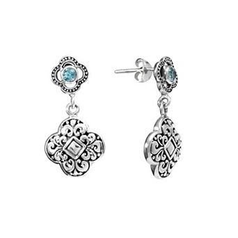 Sterling Silver Blue Topaz Filigree Clover Drop Earrings