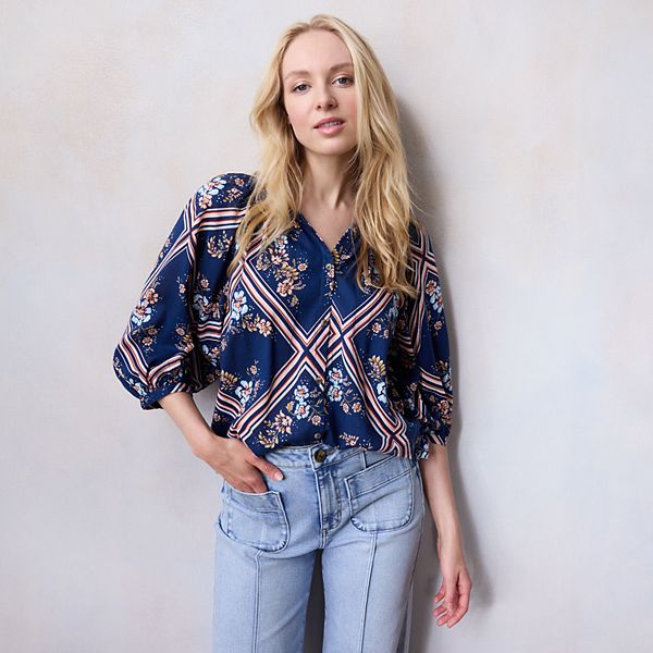 RAGLAN SLEEVE BUTTON UP TOP LUXE NAVY