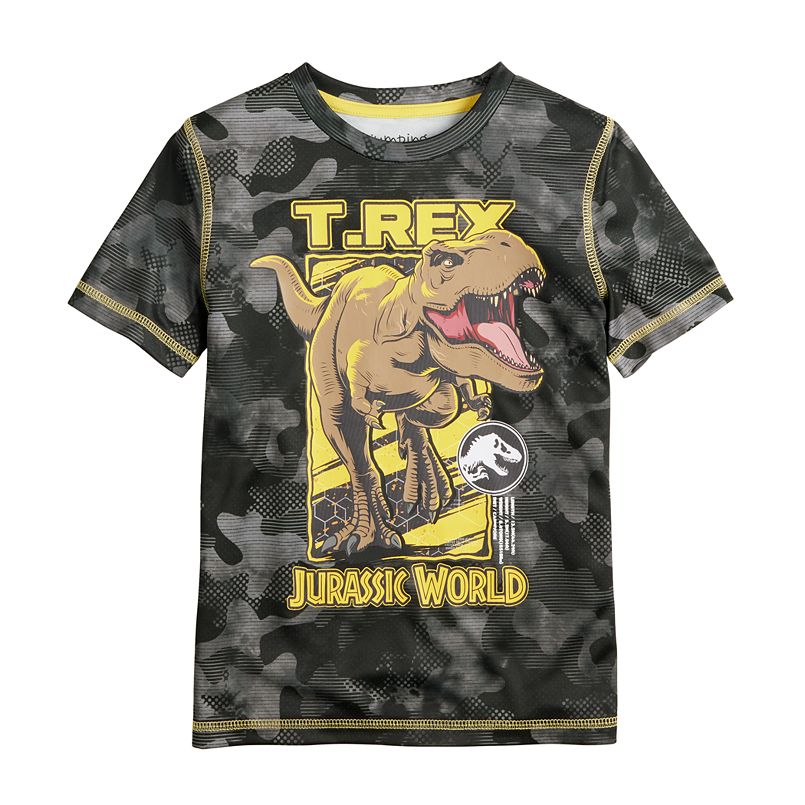 A black T-Shirt with yellow text and a brown dinosaur on it