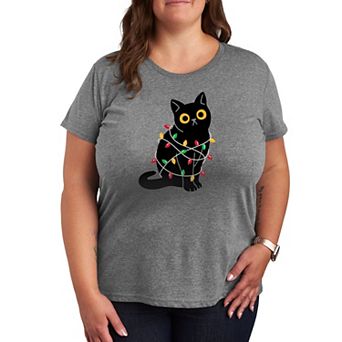 Plus Cat Wrapped In Christmas Lights Graphic Tee