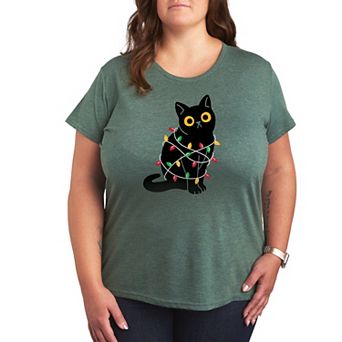 Plus Cat Wrapped In Christmas Lights Graphic Tee