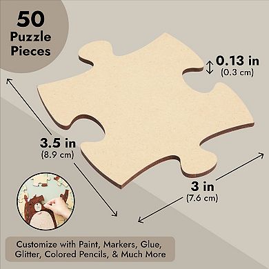 50 Blank Wooden Puzzle Pieces For Crafts, Unfinished Jigsaw, 3x3.5 In