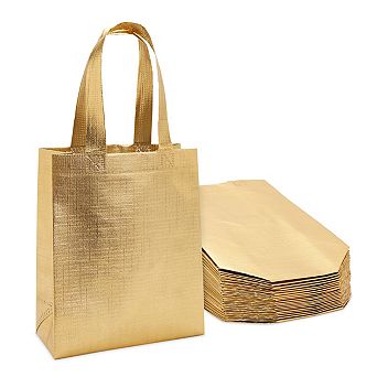 Non Woven Reusable Tote Bags, Metallic Gold Gift Bags with Handles (10x8 in 20 Pack)