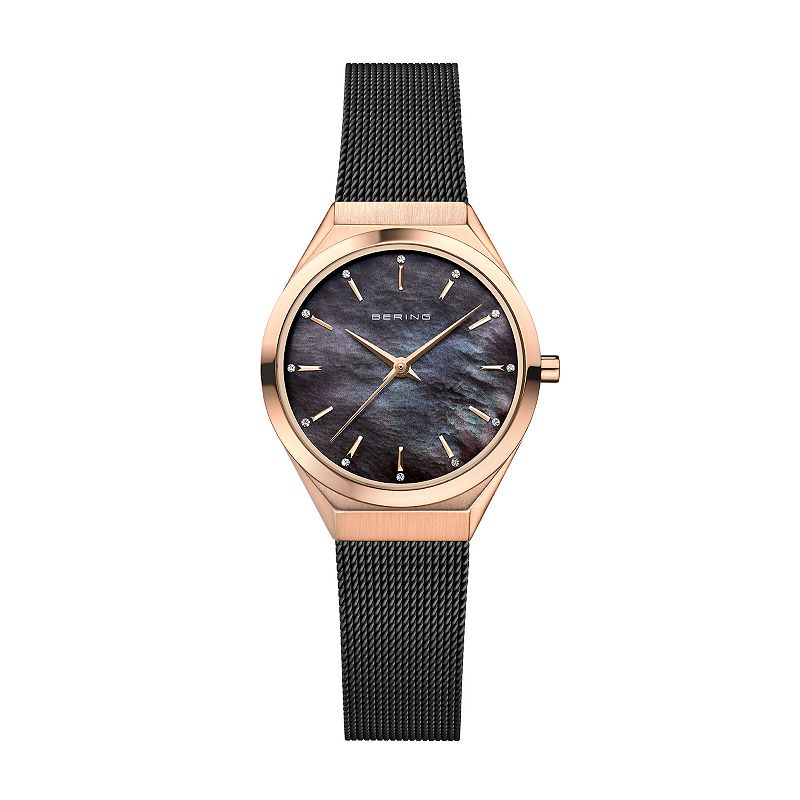 BERING Ultra Slim Women's Rose Gold Tone Mother-Of-Pearl Milanese Strap Watch, Size: Medium, Black