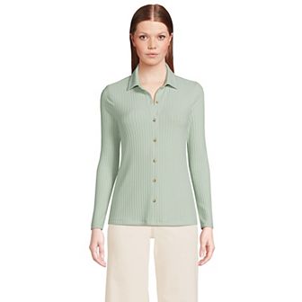Women's Lands' End Long-Sleeve Ribbed Button-Front Polo Top