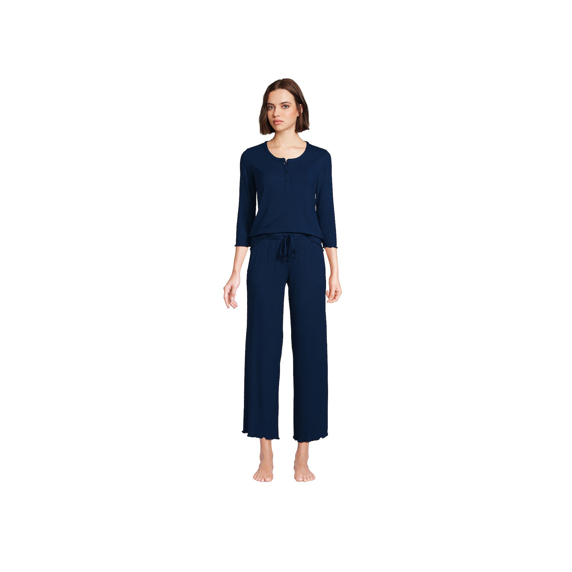 Womens Lands End Pointelle Rib 3/4 Sleeve Pajama Top and Crop Pajama Pant