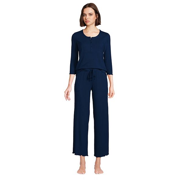 Women's Lands' End Pointelle Rib 3/4 Sleeve Pajama Top and Crop Pajama