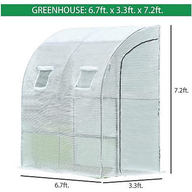 Aoodor 6.7' x 3.3' x 7.2' Lean-to Walk-in Greenhouse with Shelf and Durable PE Cover - White