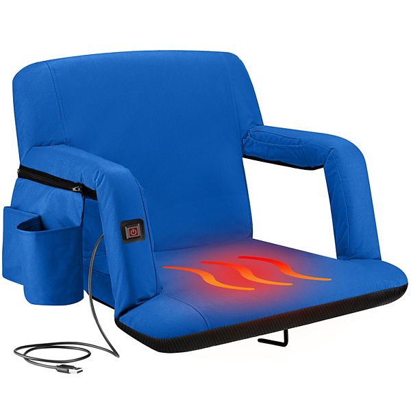 Alpcour Wide Heated Reclining Stadium Seat - Waterproof Foldable Camping Chair with Extra Thick Padding and Wide Back Support - Royal Blue