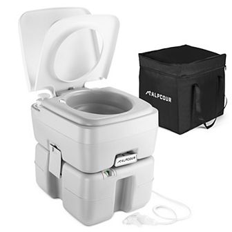 Alpcour Compact Portable Toilet 5.3 Gallon Indoor & Outdoor Commode with Piston Pump Flush and Washing Sprayer