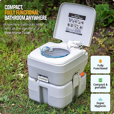 Alpcour Compact Portable Toilet 5.3 Gallon Indoor & Outdoor Commode with Piston Pump Flush and Washing Sprayer